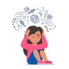 Sad girl sitting on floor surrounded by stream of anxious thoughts. Autism, child stress, mental disorder, anxiety, depression, stress, headache. Child plugged ears with hands. Vector illustration